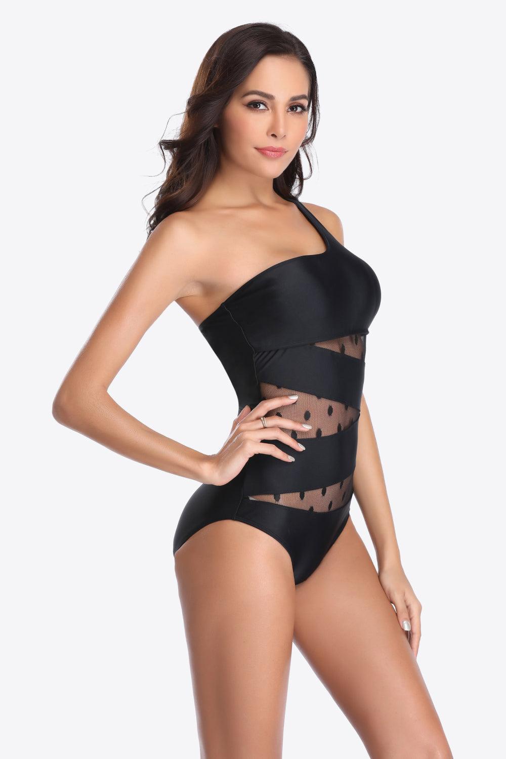 Mesh Detail Black One Shoulder One Piece Swimsuit - MXSTUDIO.COM