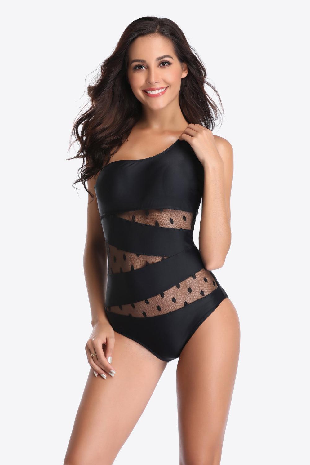 Mesh Detail Black One Shoulder One Piece Swimsuit - MXSTUDIO.COM