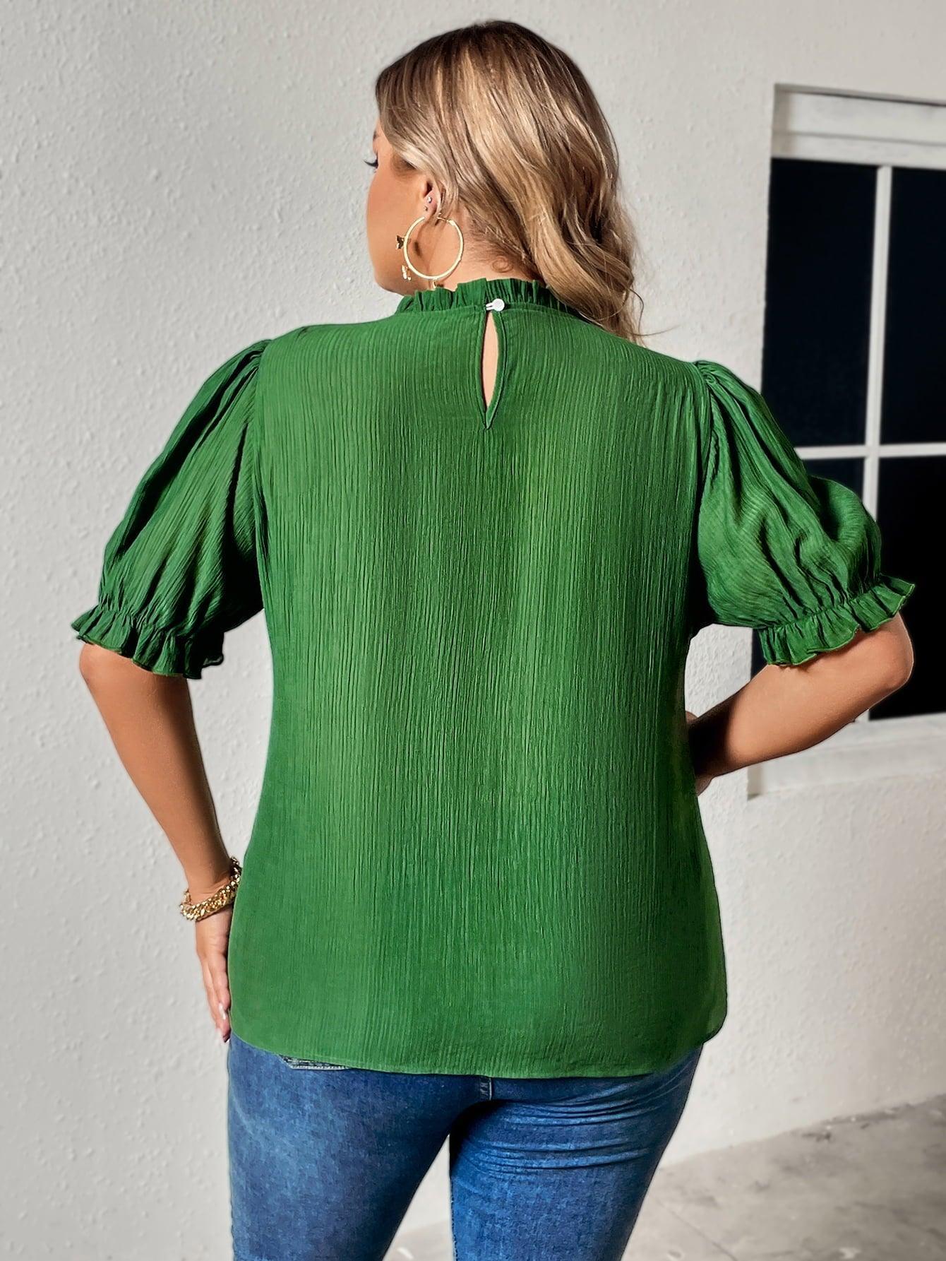 Mid Green Plus Size Puff Sleeve Blouse - MXSTUDIO.COM