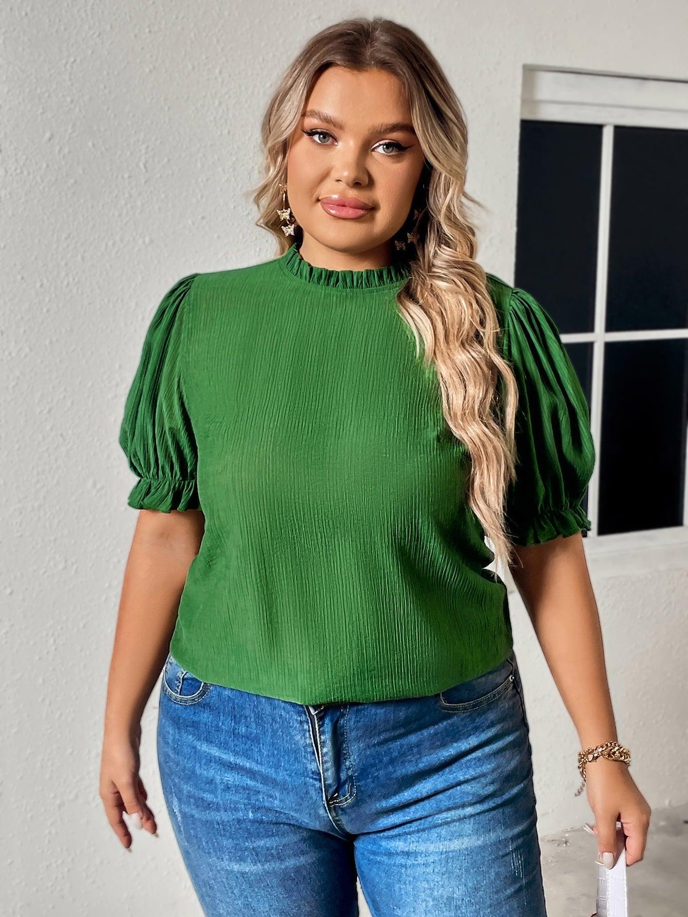 Mid Green Plus Size Puff Sleeve Blouse - MXSTUDIO.COM