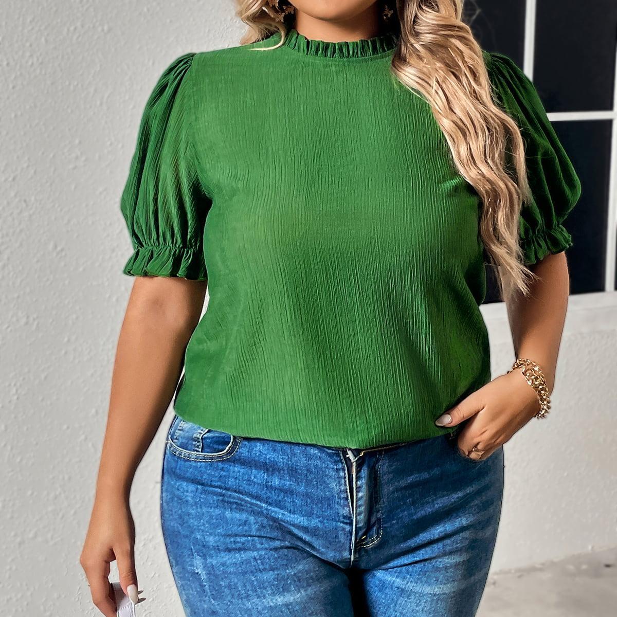 Mid Green Plus Size Puff Sleeve Blouse - MXSTUDIO.COM