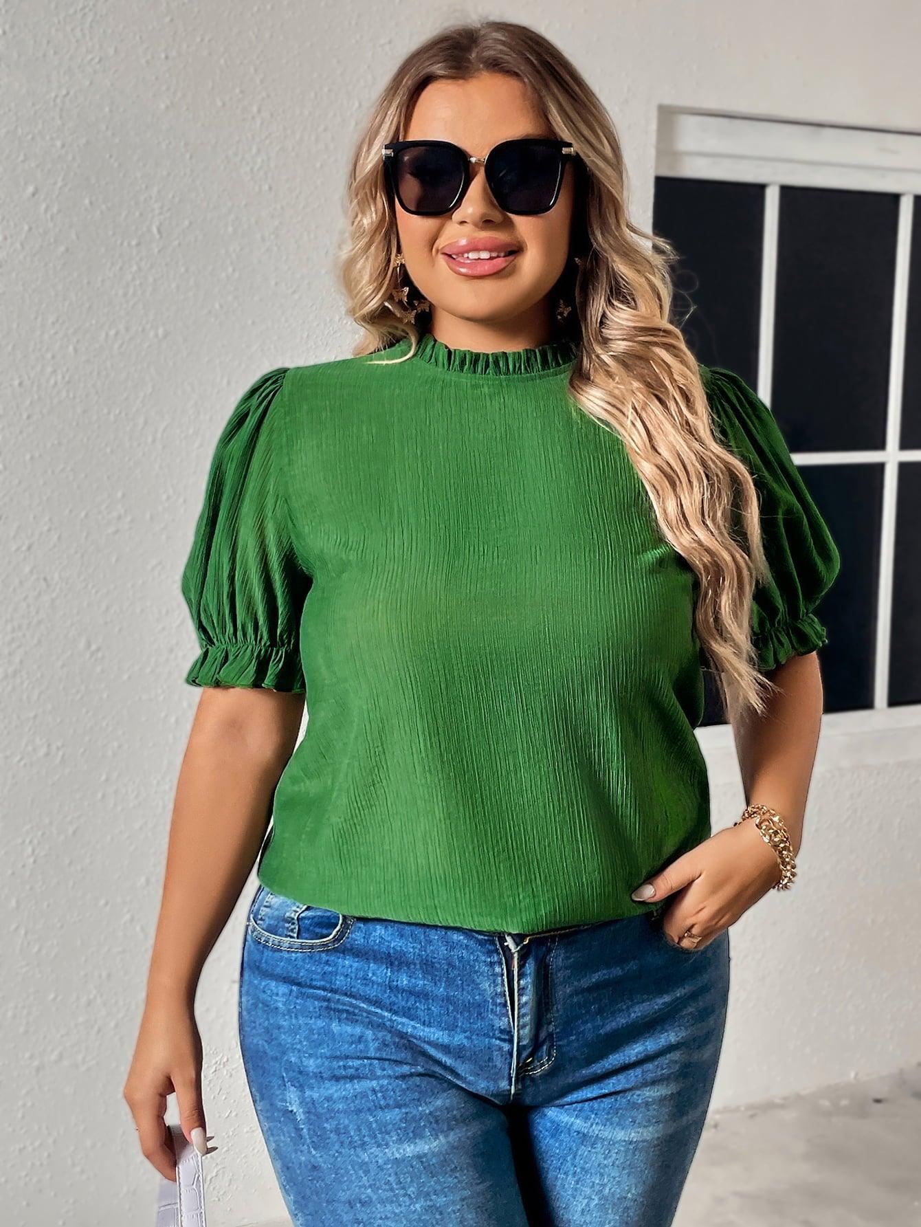 Mid Green Plus Size Puff Sleeve Blouse - MXSTUDIO.COM