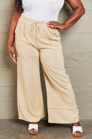 Mineral Wash Sand Women's Plus Size Wide Leg Pants - MXSTUDIO.COM