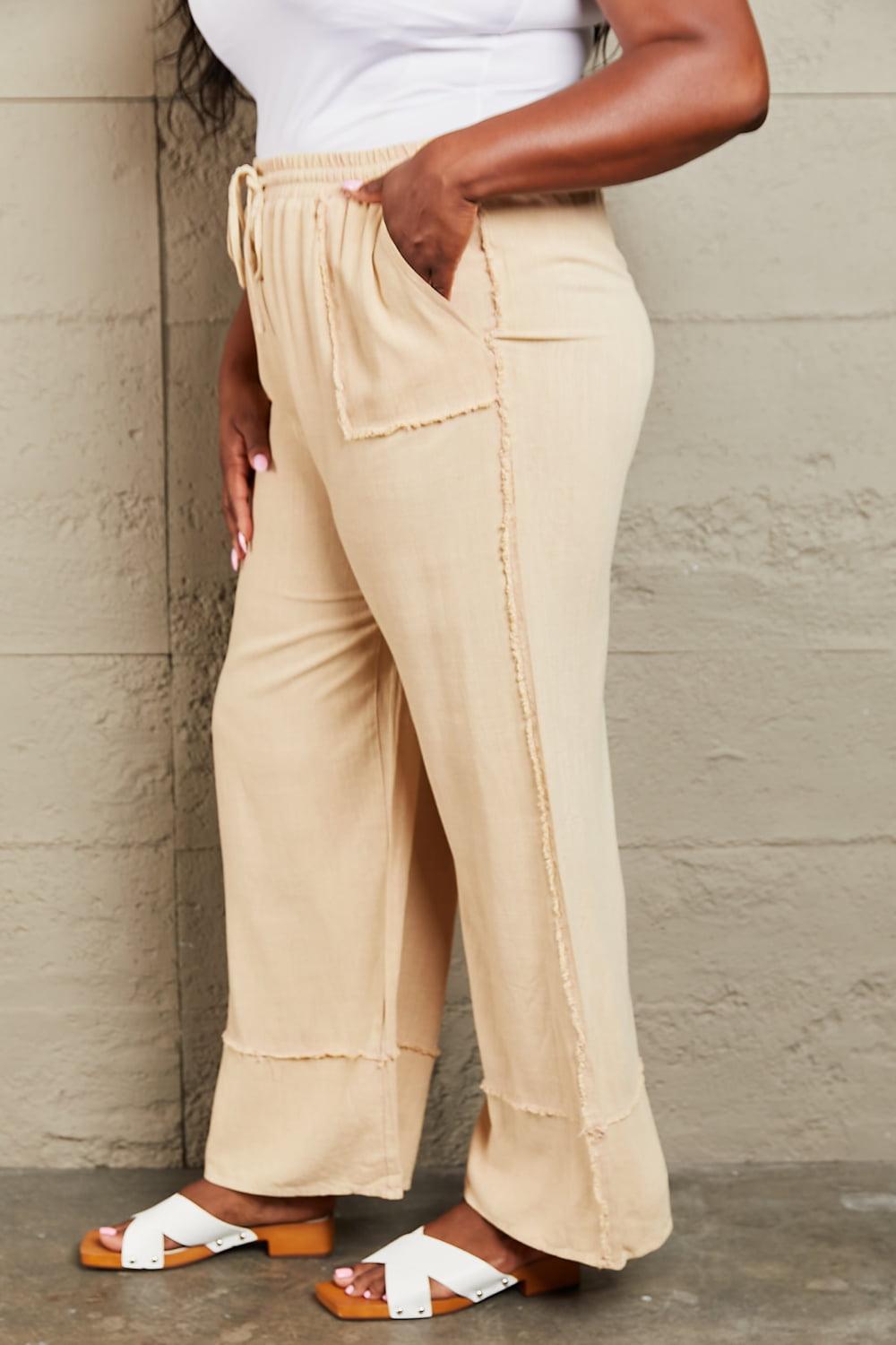 Mineral Wash Sand Women's Plus Size Wide Leg Pants - MXSTUDIO.COM