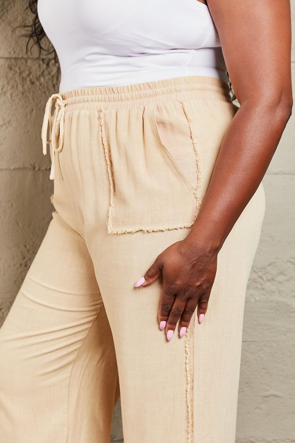 Mineral Wash Sand Women's Plus Size Wide Leg Pants - MXSTUDIO.COM