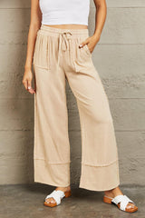 Mineral Wash Sand Women's Plus Size Wide Leg Pants - MXSTUDIO.COM