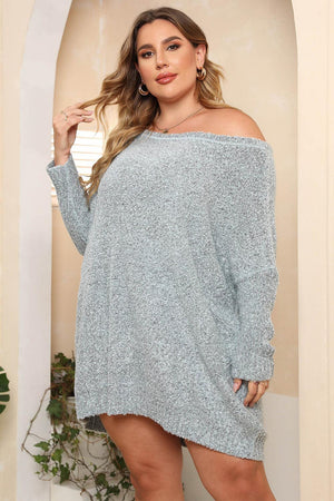 Misty Blue Pullover Plus Size Off Shoulder Sweater - MXSTUDIO.COM