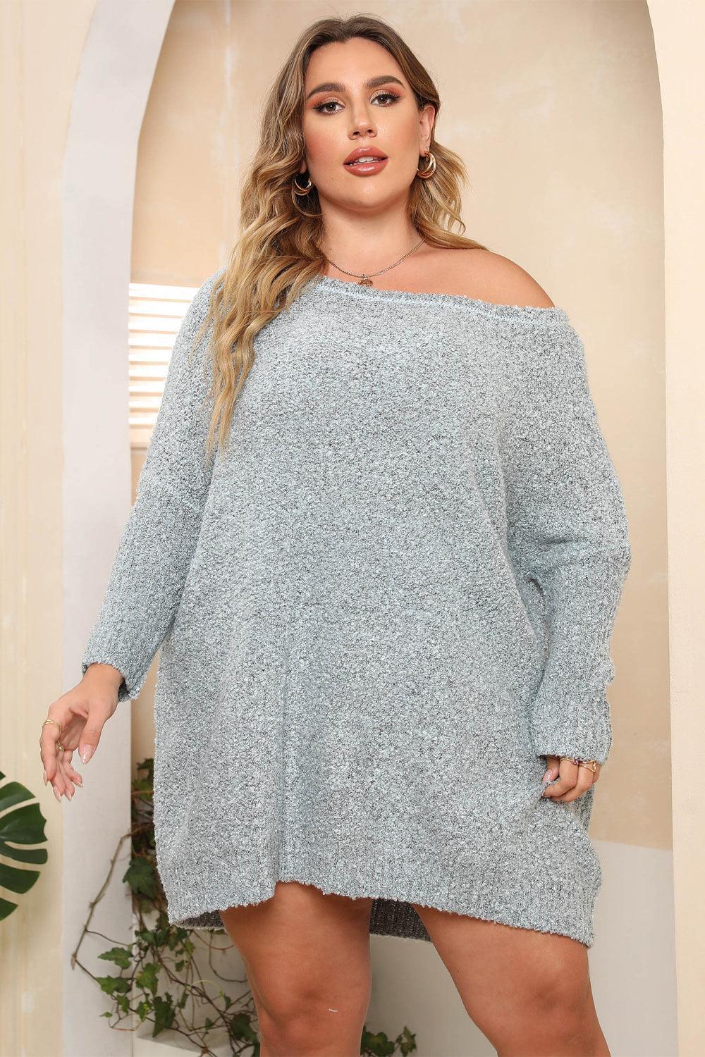 Misty Blue Pullover Plus Size Off Shoulder Sweater - MXSTUDIO.COM