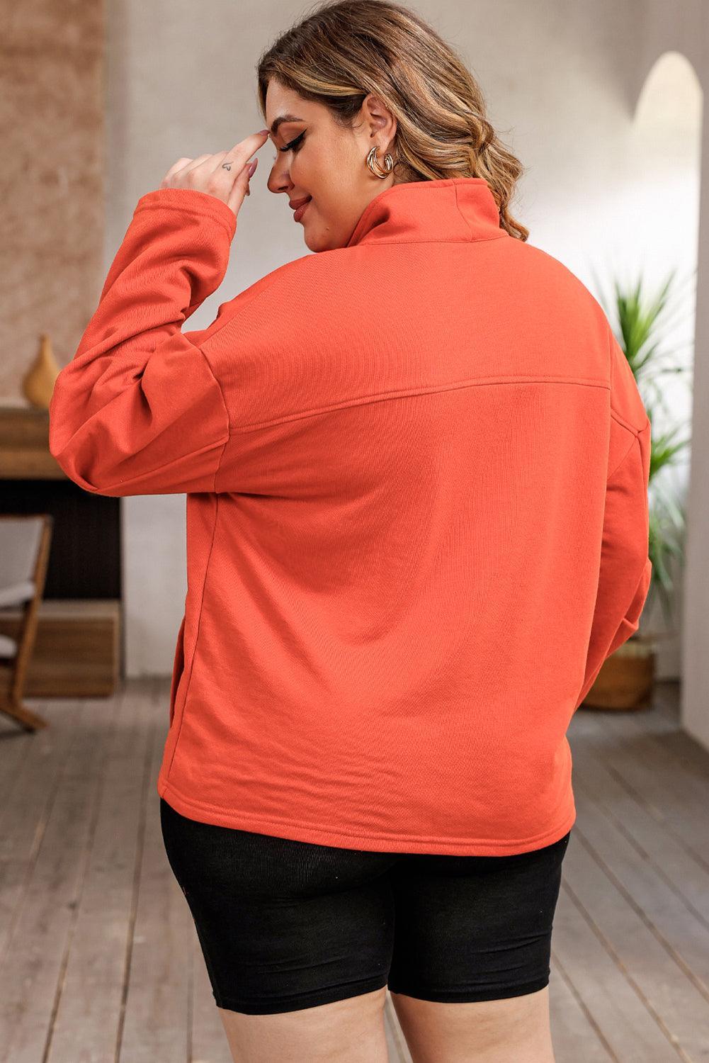 Mock Neck Dropped Shoulder Plus Size Orange Sweatshirt - MXSTUDIO.COM