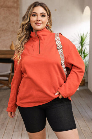 Mock Neck Dropped Shoulder Plus Size Orange Sweatshirt - MXSTUDIO.COM