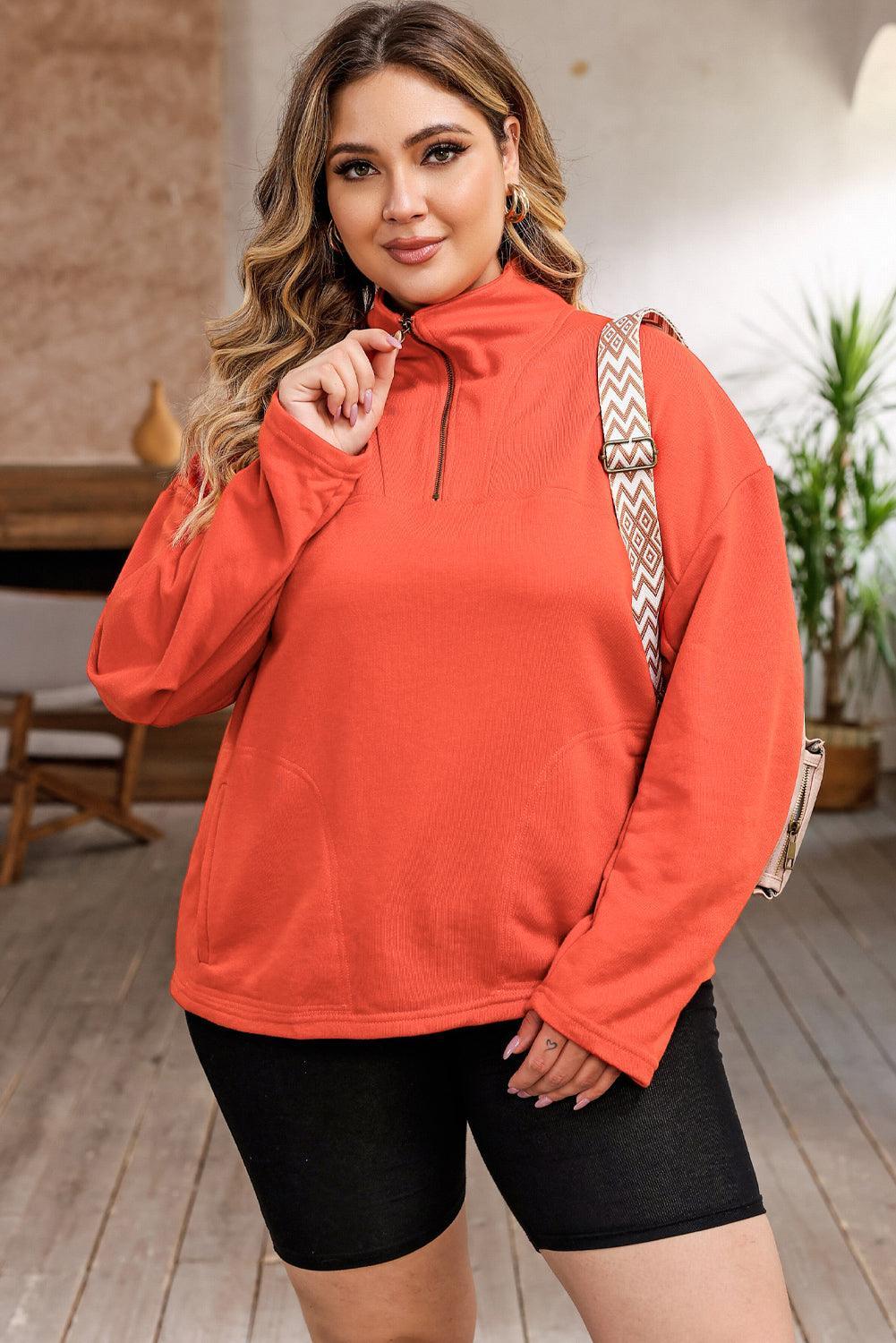 Mock Neck Dropped Shoulder Plus Size Orange Sweatshirt - MXSTUDIO.COM