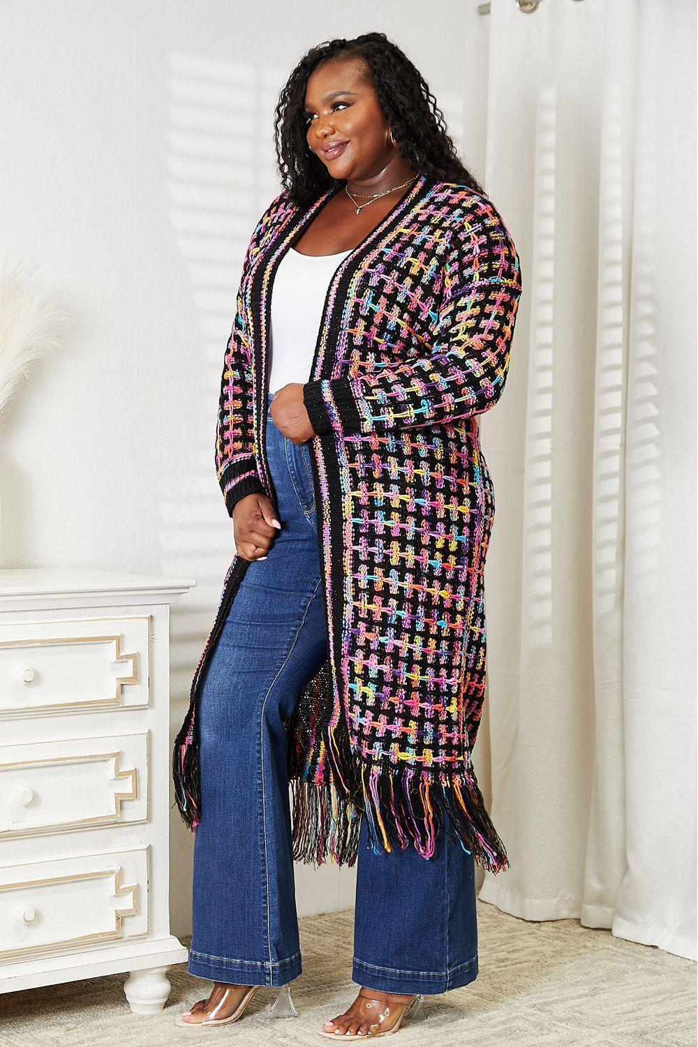 Multicolored Open Front Plus Size Fringe Cardigan - MXSTUDIO.COM