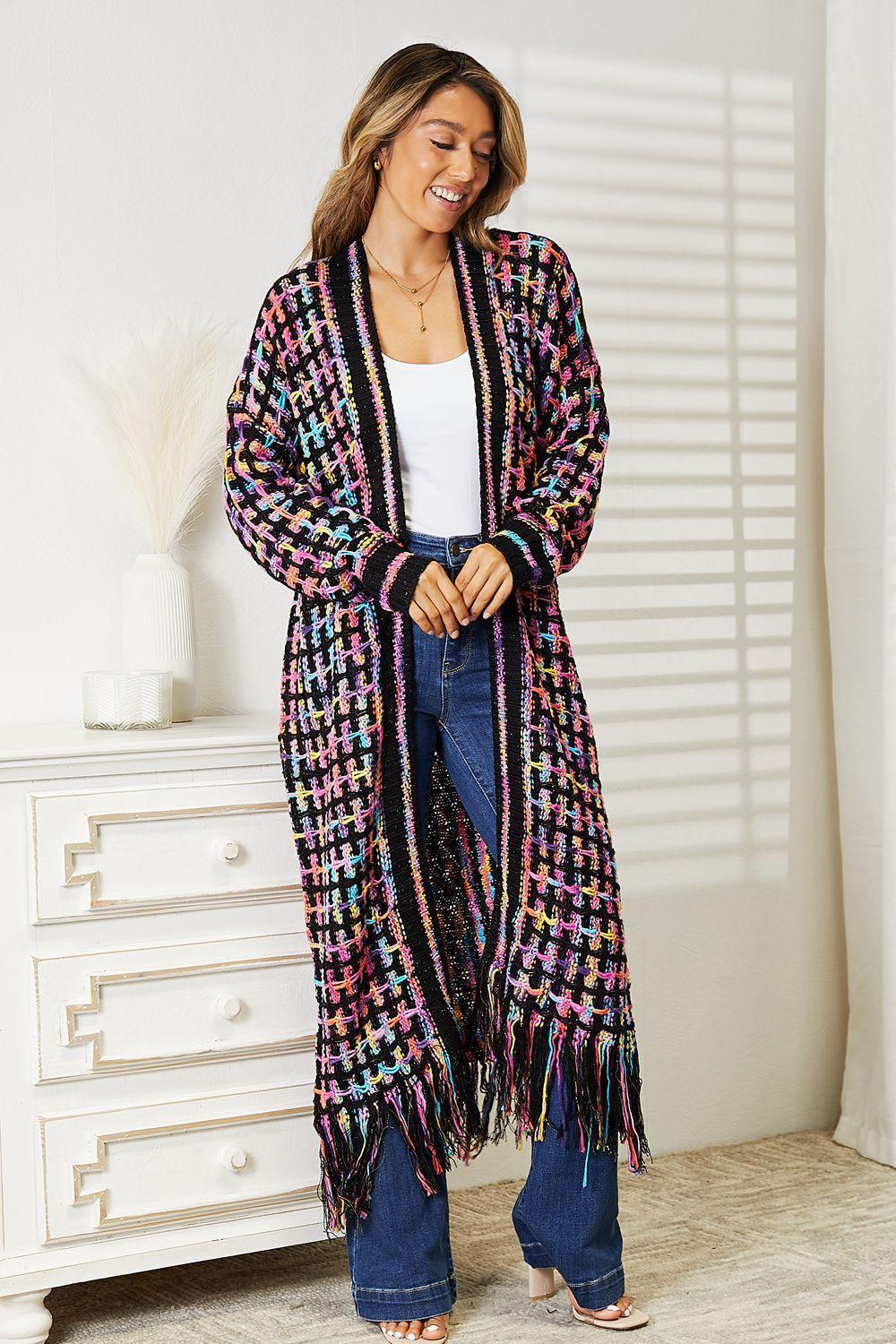 Multicolored Open Front Plus Size Fringe Cardigan - MXSTUDIO.COM