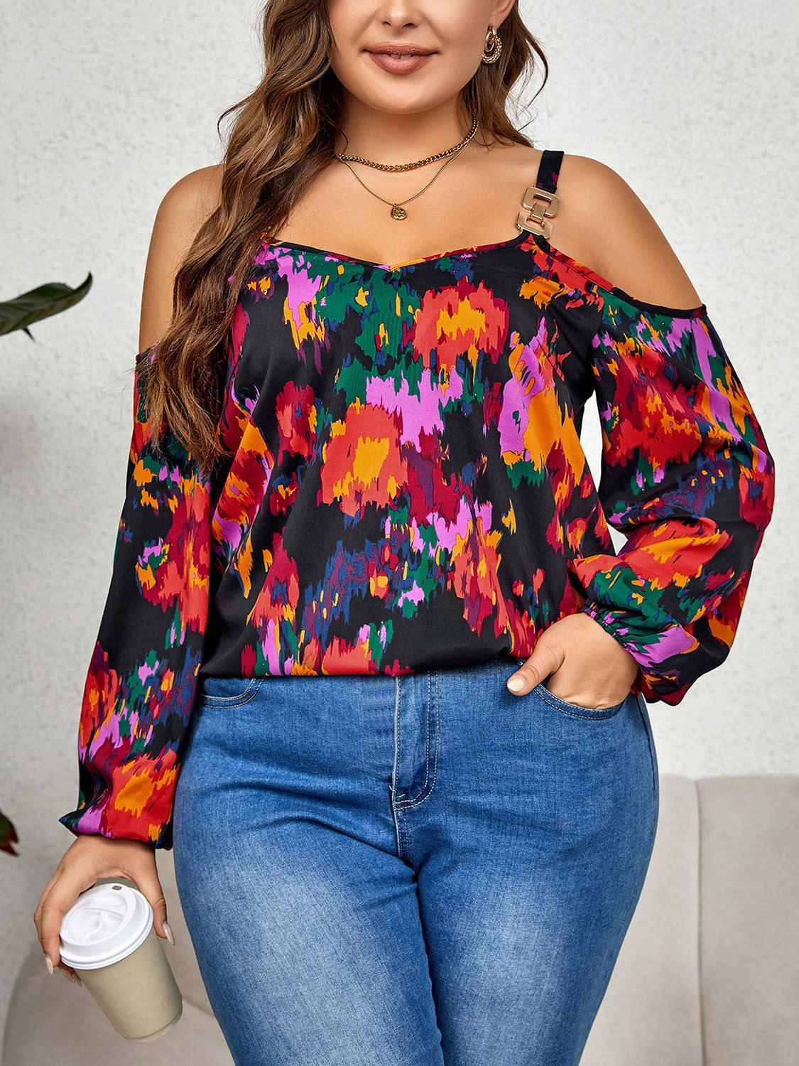Multicolored Printed Plus Size Cold Shoulder Blouse - MXSTUDIO.COM
