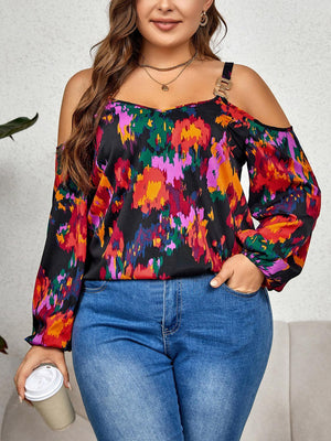 Multicolored Printed Plus Size Cold Shoulder Blouse - MXSTUDIO.COM