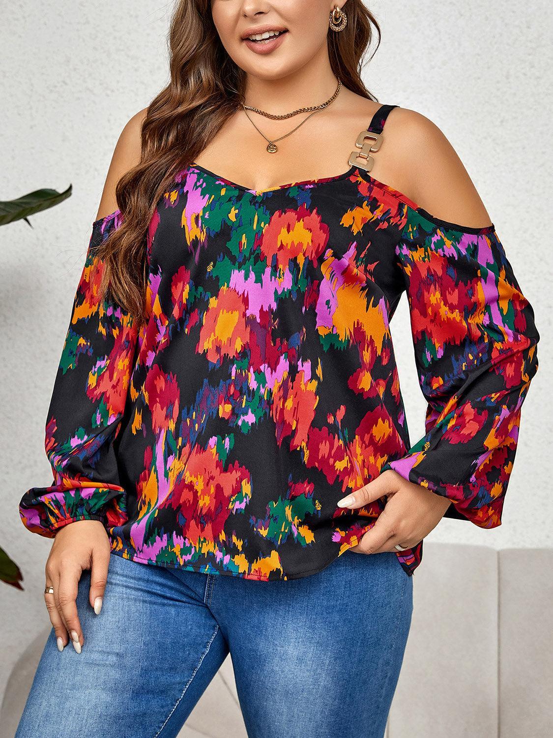 Multicolored Printed Plus Size Cold Shoulder Blouse - MXSTUDIO.COM