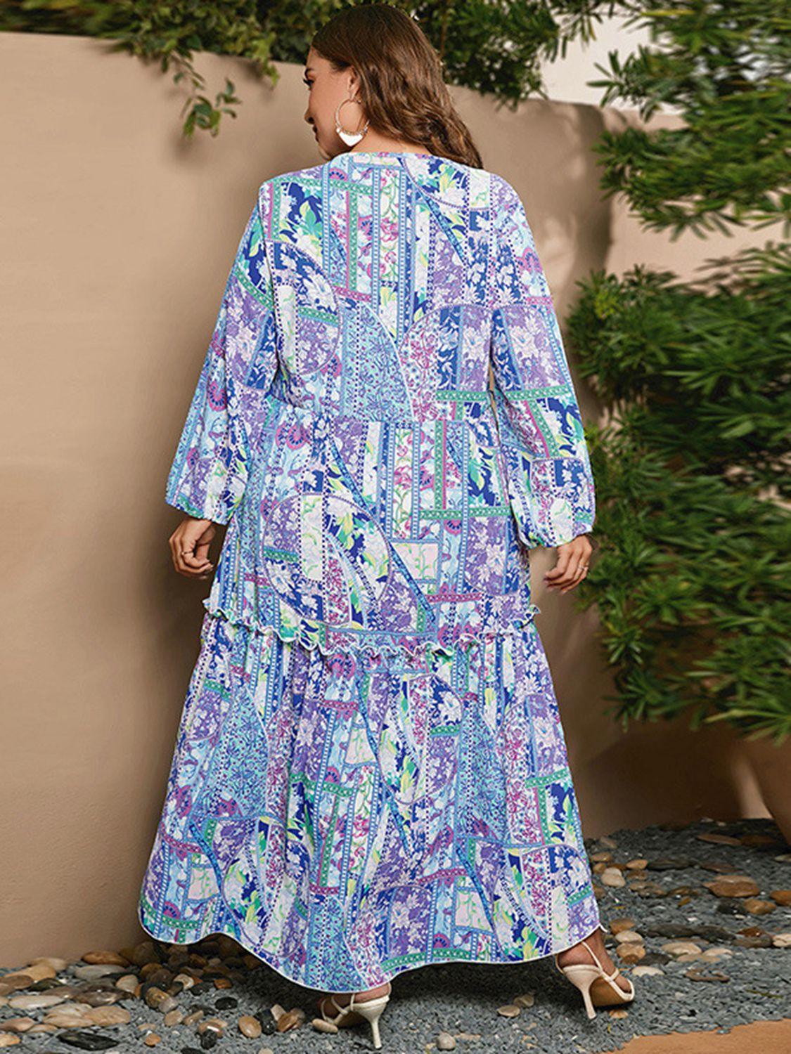 Multicolored Printed Plus Size Long Sleeve Maxi Dress - MXSTUDIO.COM