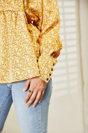 Mustard V-Neck Floral Plus Size Floral Blouse - MXSTUDIO.COM