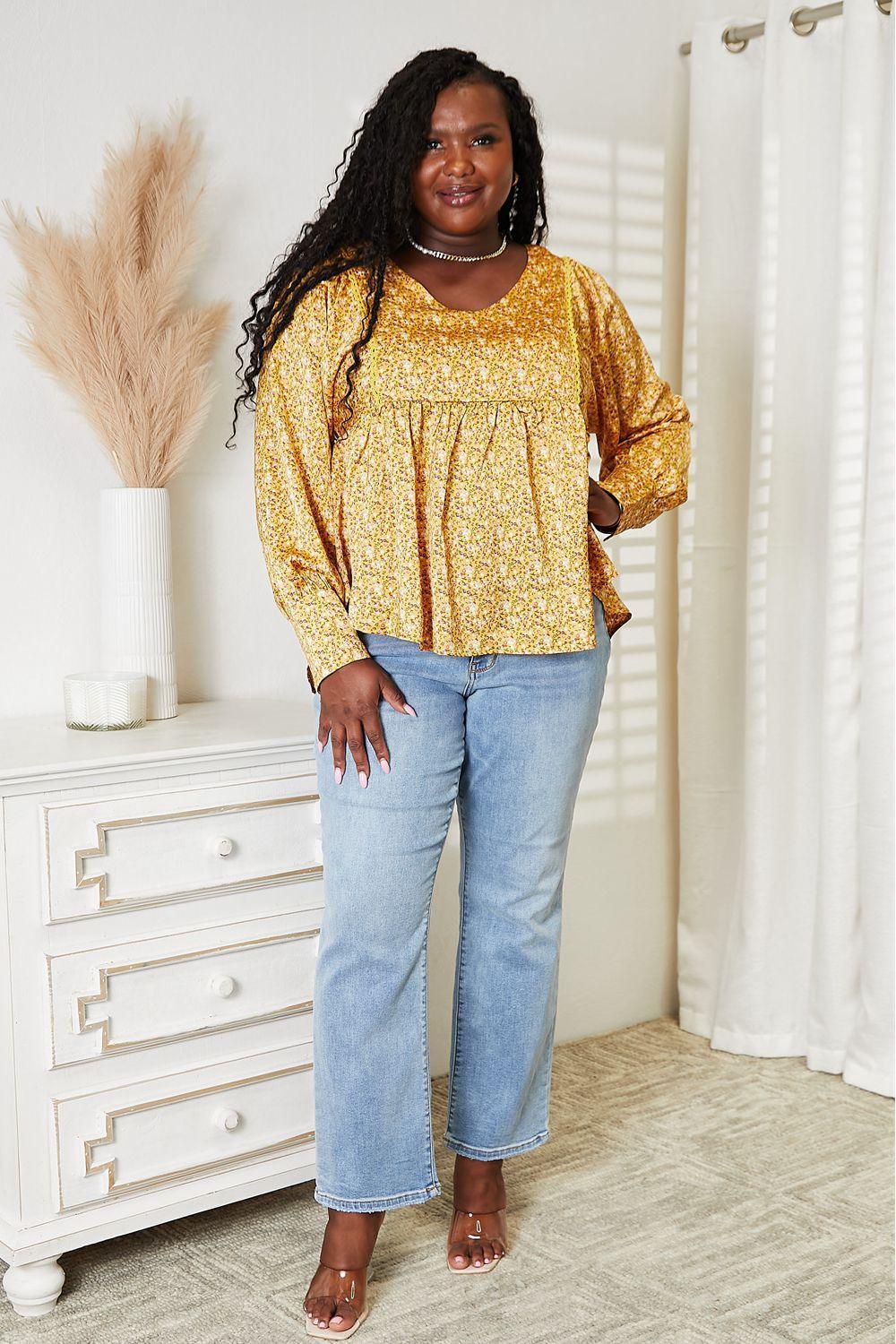 Mustard V-Neck Floral Plus Size Floral Blouse - MXSTUDIO.COM