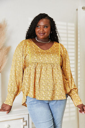 Mustard V-Neck Floral Plus Size Floral Blouse - MXSTUDIO.COM