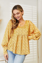 Mustard V-Neck Floral Plus Size Floral Blouse - MXSTUDIO.COM