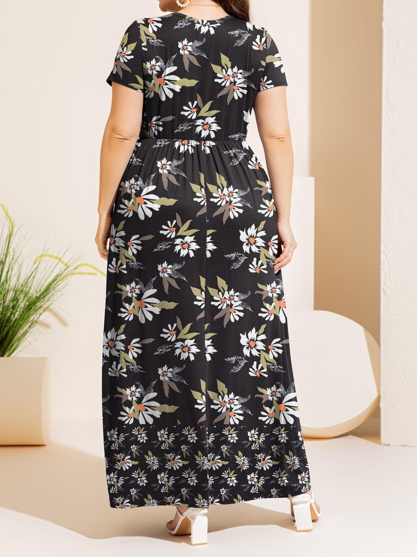 Nature Inspired Print Plus Size Short Sleeve Maxi Dress - MXSTUDIO.COM