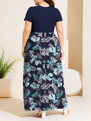 Nature Inspired Print Plus Size Short Sleeve Maxi Dress - MXSTUDIO.COM