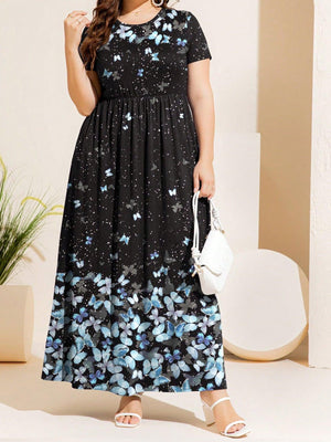 Nature Inspired Print Plus Size Short Sleeve Maxi Dress - MXSTUDIO.COM