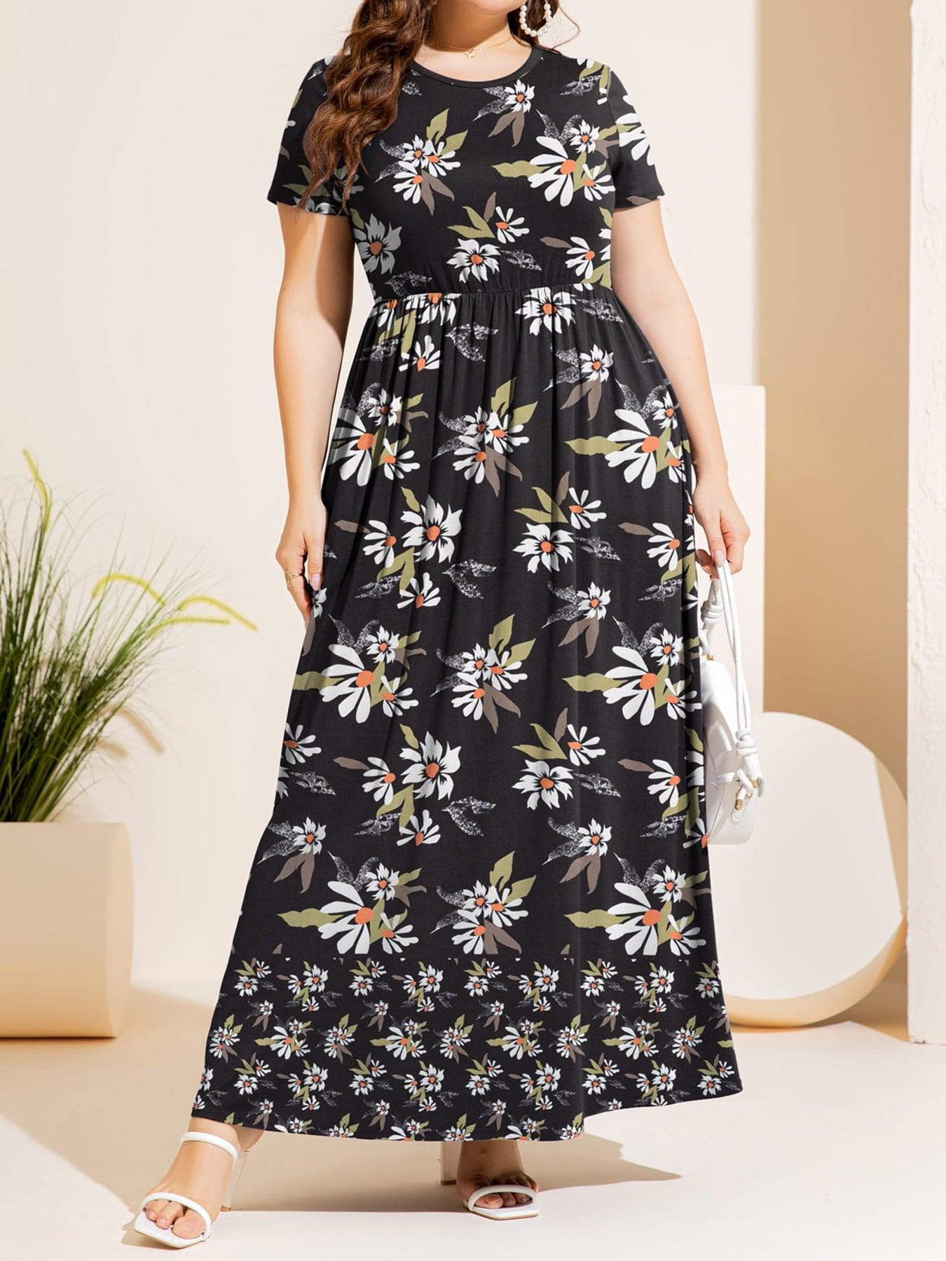 Nature Inspired Print Plus Size Short Sleeve Maxi Dress - MXSTUDIO.COM