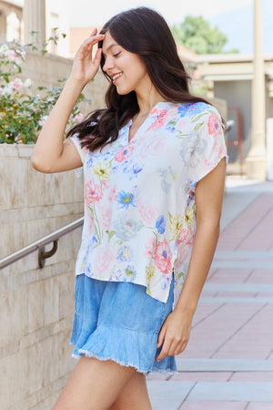 Notch Neck Short Sleeve Plus Size Floral Top - MXSTUDIO.COM