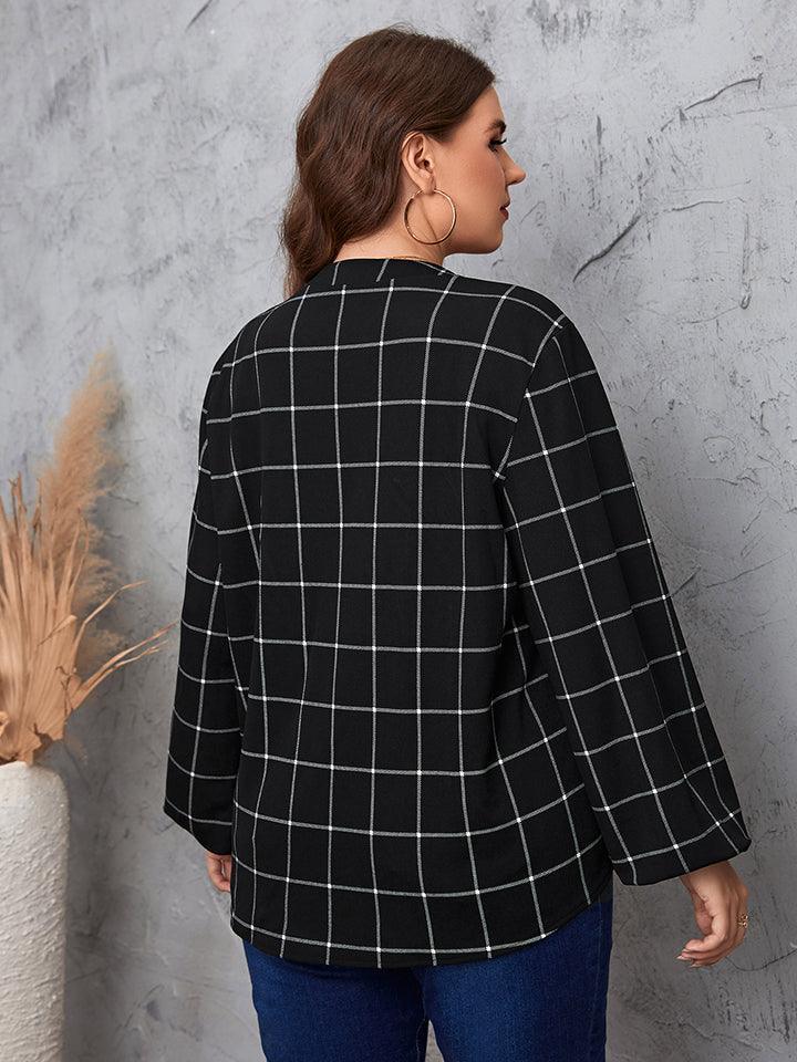 Notched Neck Plus Size Long Sleeve Blouse - MXSTUDIO.COM