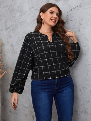 Notched Neck Plus Size Long Sleeve Blouse - MXSTUDIO.COM