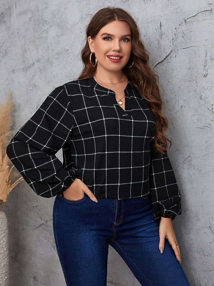 Notched Neck Plus Size Long Sleeve Blouse - MXSTUDIO.COM