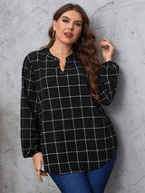 Notched Neck Plus Size Long Sleeve Blouse - MXSTUDIO.COM