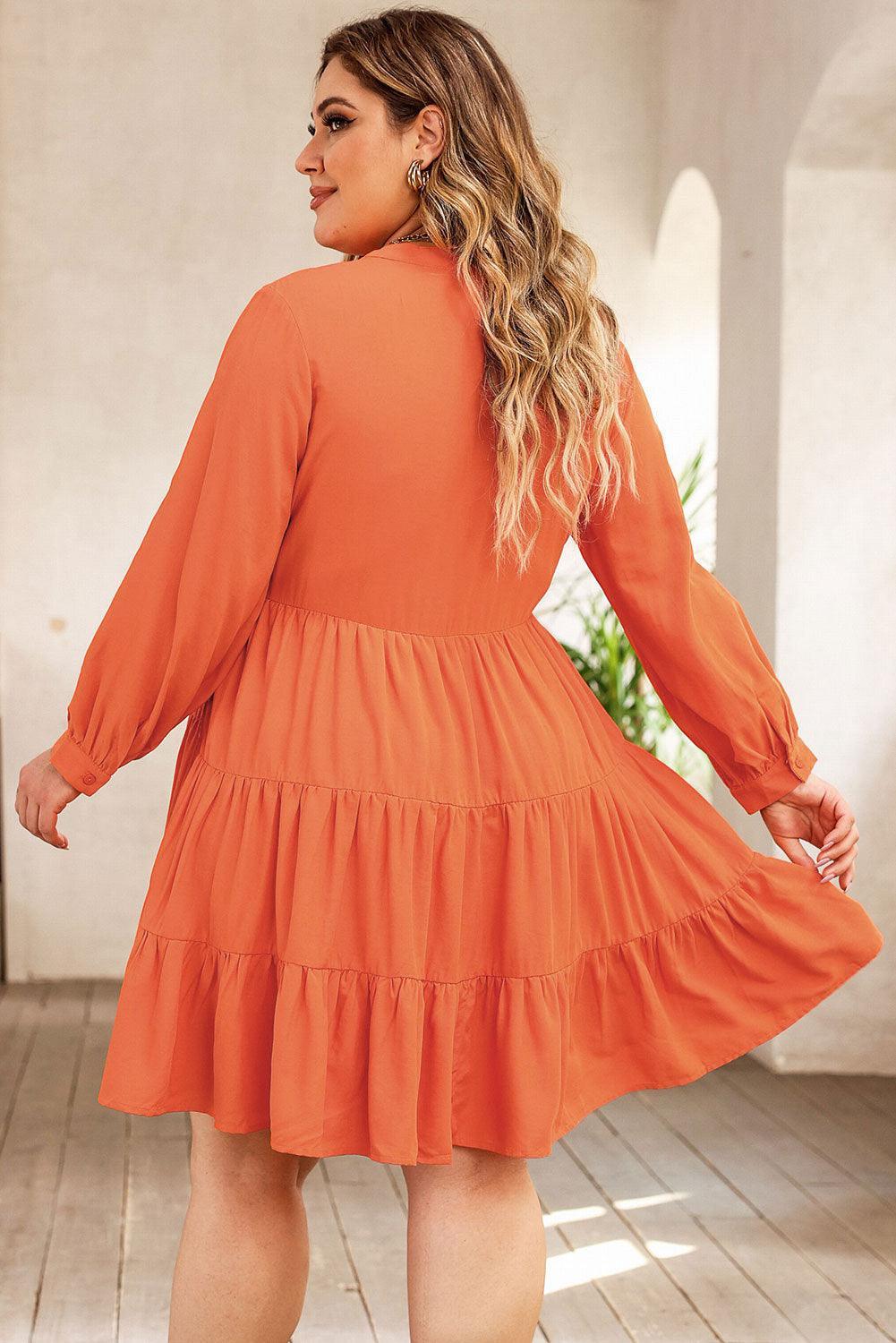 Notched Neck Printed Tiered Orange Plus Size Dress - MXSTUDIO.COM