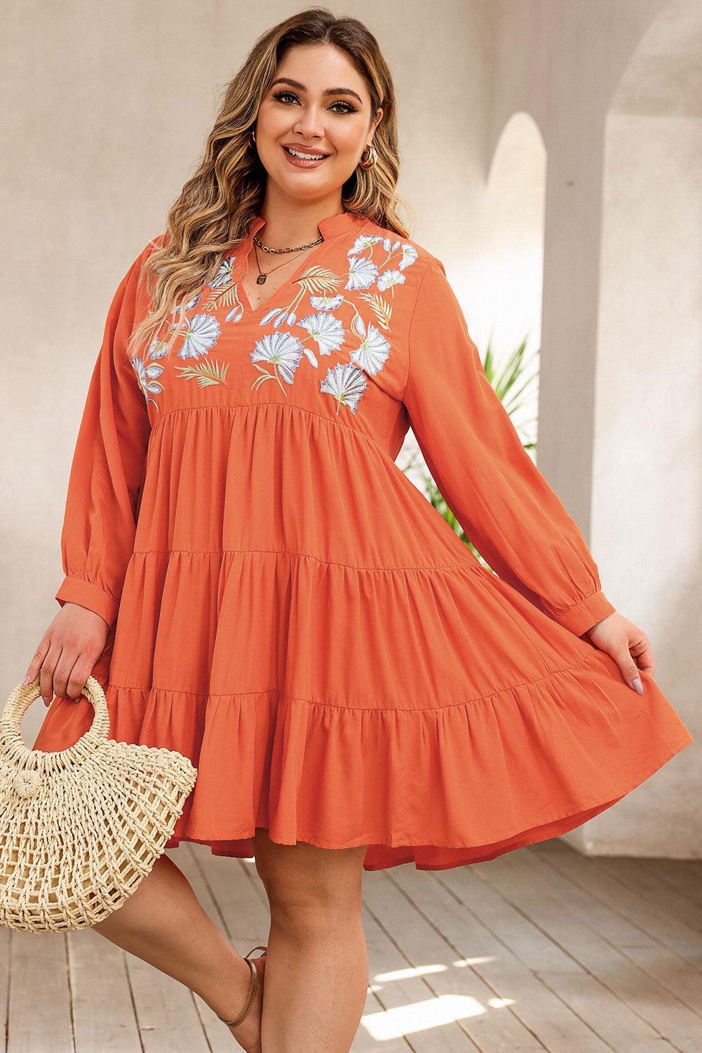 Notched Neck Printed Tiered Orange Plus Size Dress - MXSTUDIO.COM