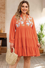 Notched Neck Printed Tiered Orange Plus Size Dress - MXSTUDIO.COM