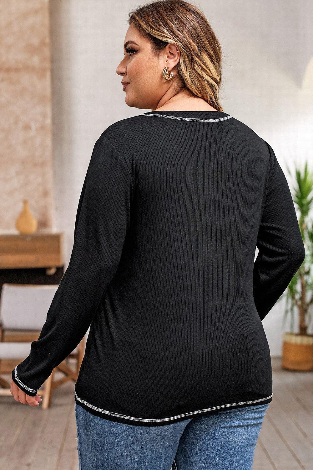 Notched Neck Women's Plus Size Long Sleeve T-Shirt - MXSTUDIO.COM