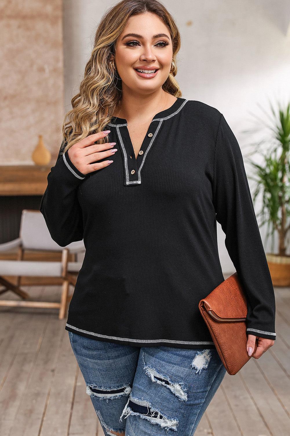 Notched Neck Women's Plus Size Long Sleeve T-Shirt - MXSTUDIO.COM