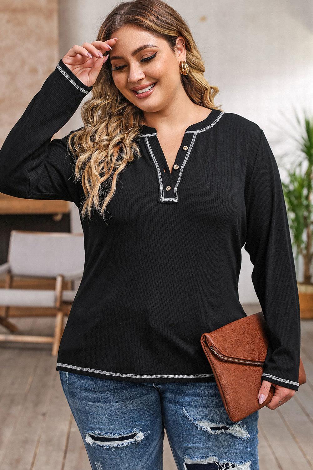 Notched Neck Women's Plus Size Long Sleeve T-Shirt - MXSTUDIO.COM