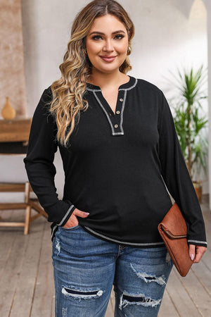 Notched Neck Women's Plus Size Long Sleeve T-Shirt - MXSTUDIO.COM