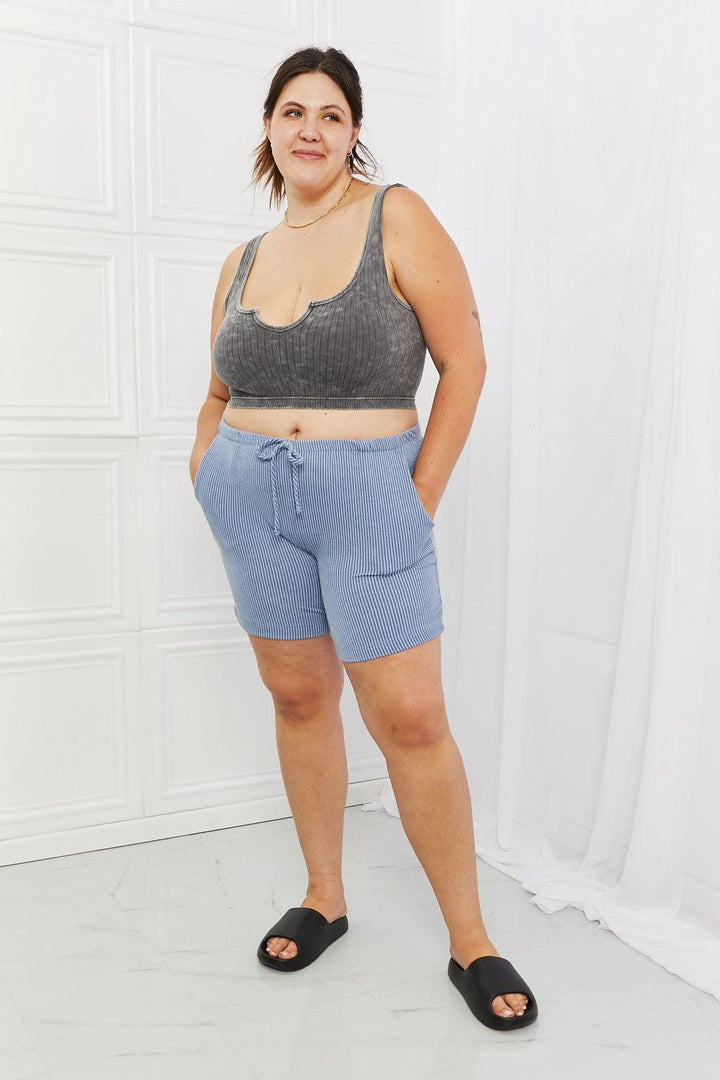 On The Go Ribbed Blue Drawstring Plus Size Shorts - MXSTUDIO.COM