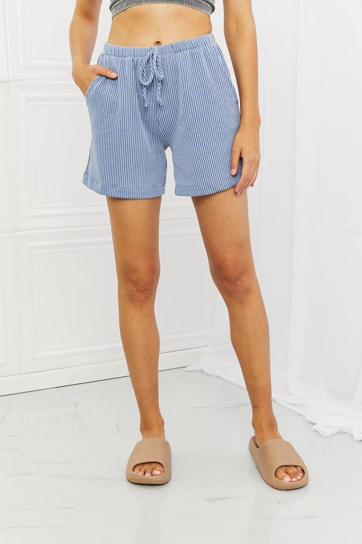 On The Go Ribbed Blue Drawstring Plus Size Shorts - MXSTUDIO.COM