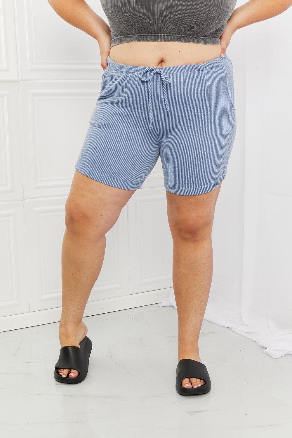 On The Go Ribbed Blue Drawstring Plus Size Shorts - MXSTUDIO.COM