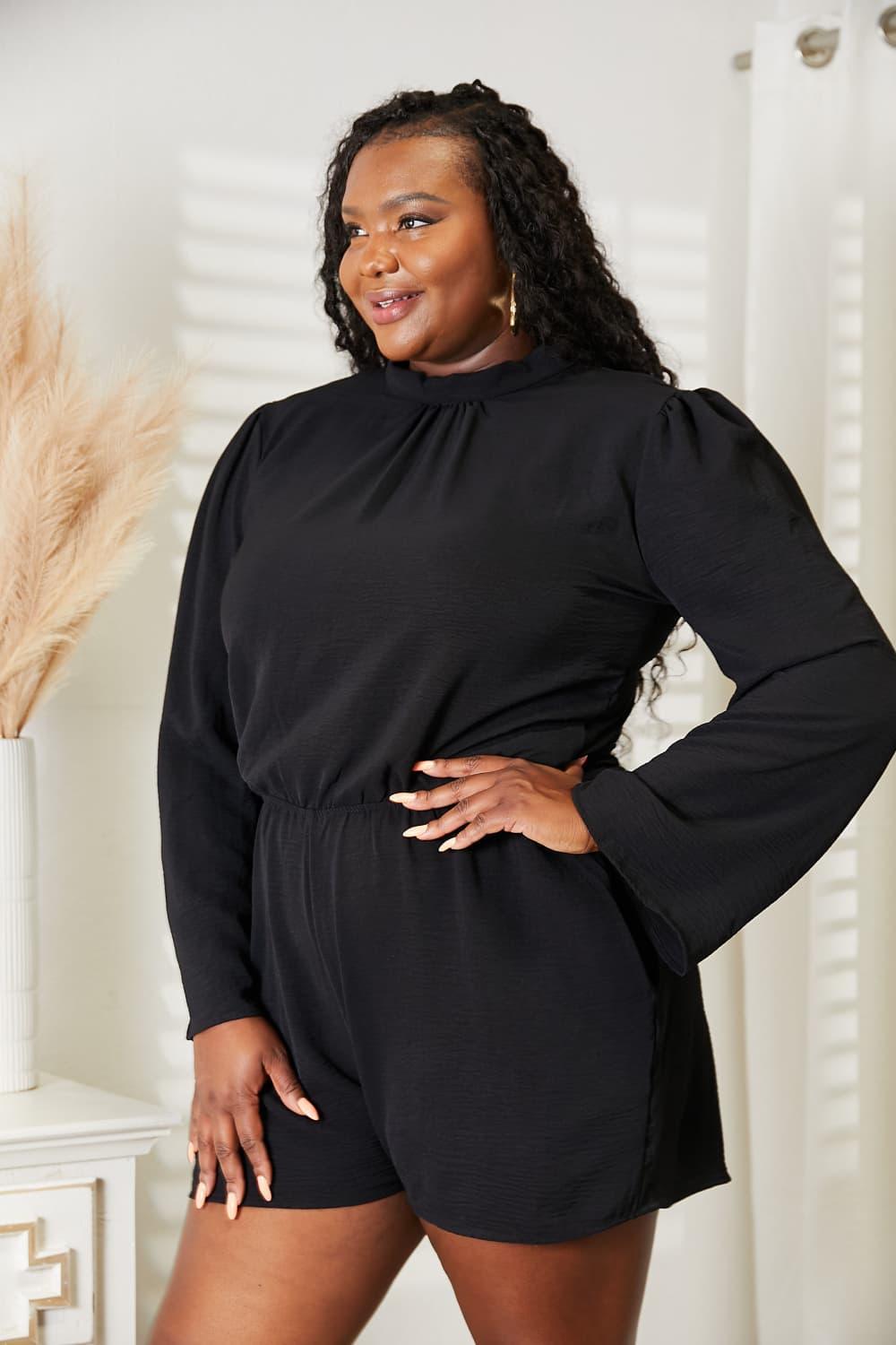 Open Back Plus Size Black Long Sleeve Romper - MXSTUDIO.COM