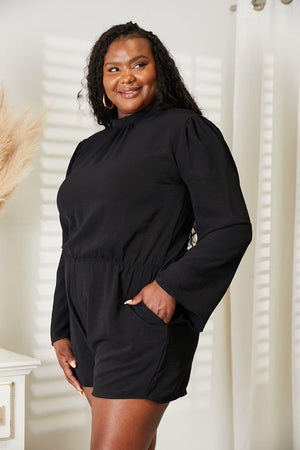 Open Back Plus Size Black Long Sleeve Romper - MXSTUDIO.COM