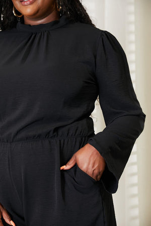Open Back Plus Size Black Long Sleeve Romper - MXSTUDIO.COM