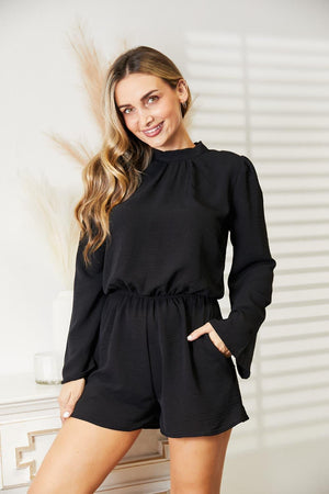 Open Back Plus Size Black Long Sleeve Romper - MXSTUDIO.COM