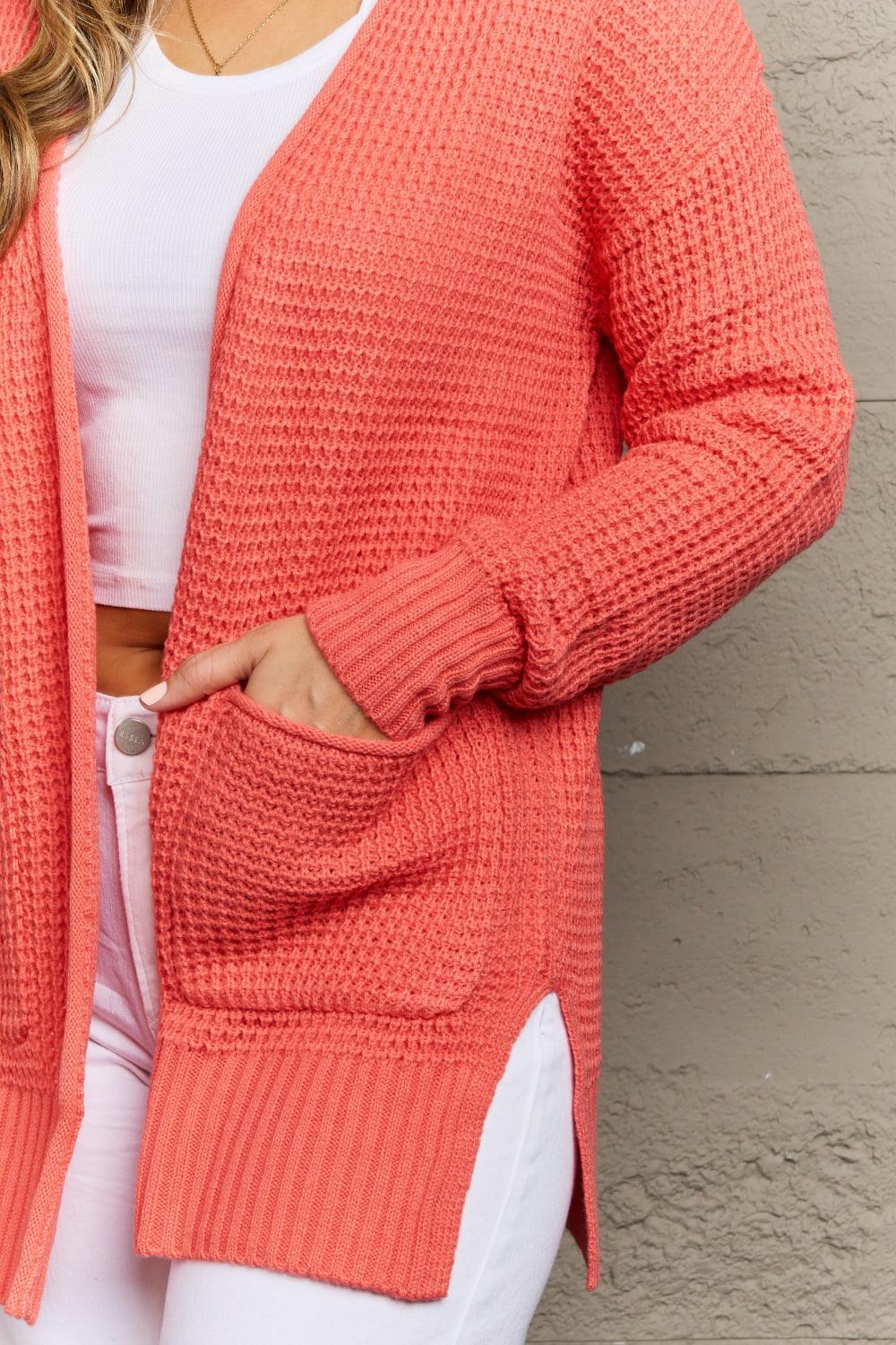 Open Front Coral Womens Waffle Knit Cardigan - MXSTUDIO.COM