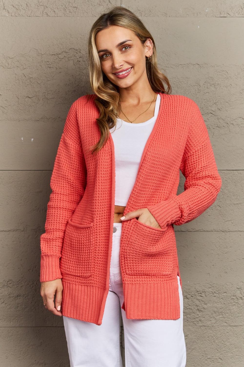 Open Front Coral Womens Waffle Knit Cardigan - MXSTUDIO.COM